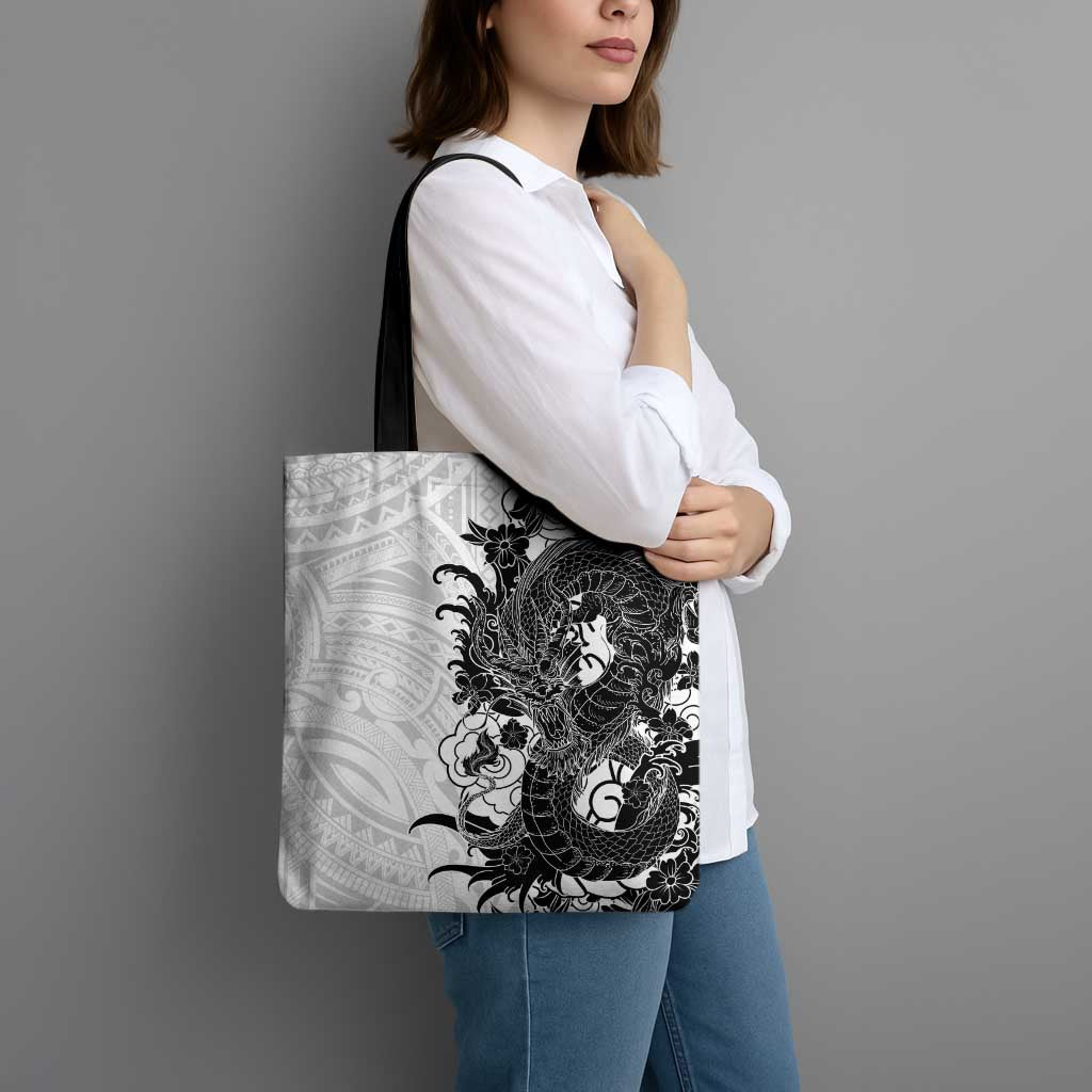 Hawaiian And Japanese Culture Tote Bag Irezumi Dragon With Polynesian Pattern White LT05 - Polynesian Pride