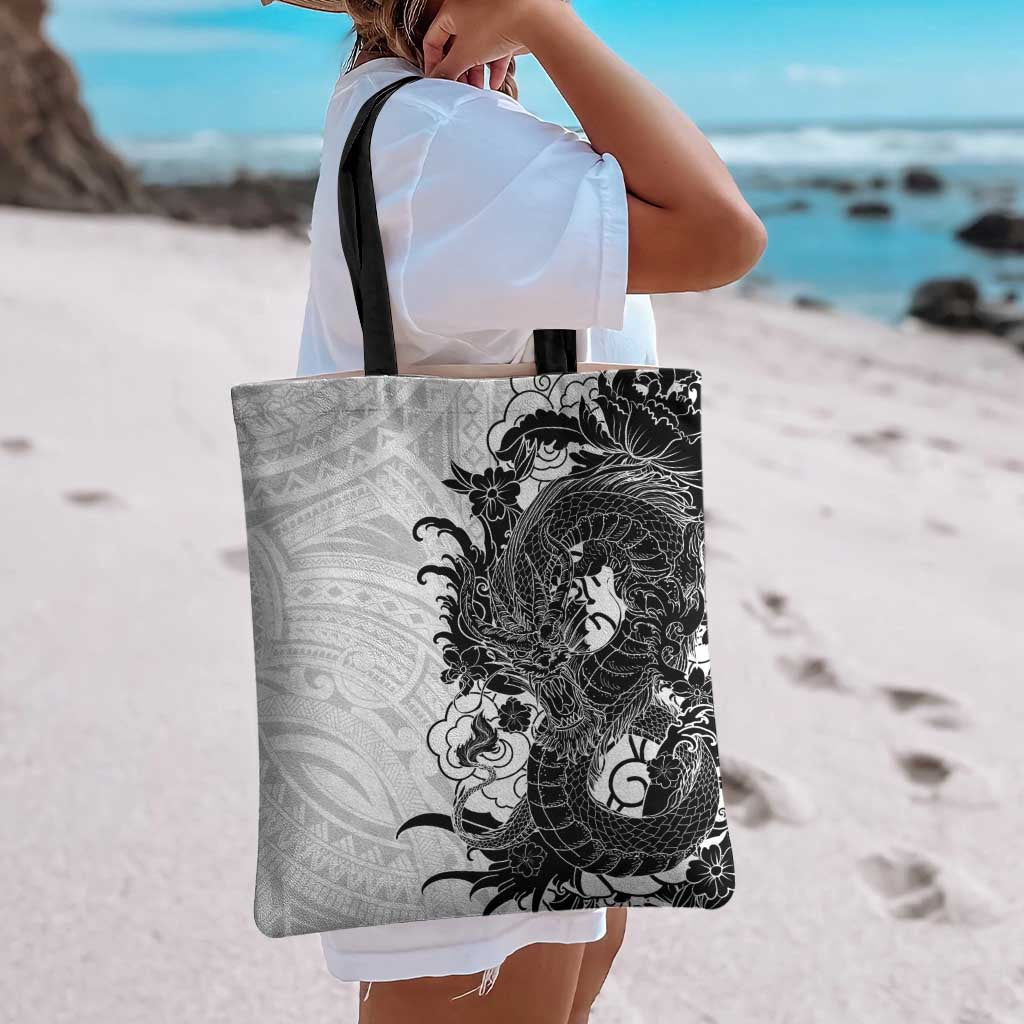 Hawaiian And Japanese Culture Tote Bag Irezumi Dragon With Polynesian Pattern White LT05 - Polynesian Pride