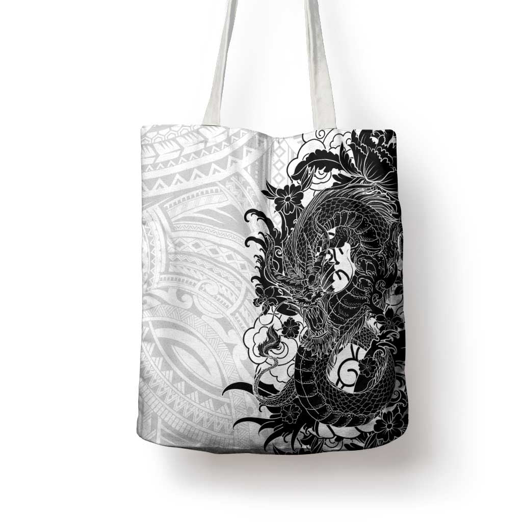 Hawaiian And Japanese Culture Tote Bag Irezumi Dragon With Polynesian Pattern White LT05 - Polynesian Pride