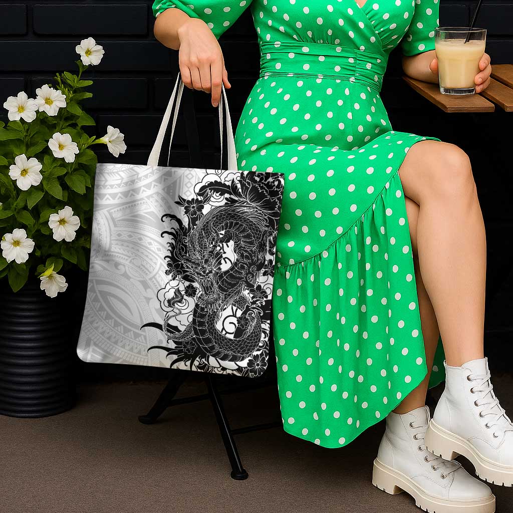 Hawaiian And Japanese Culture Tote Bag Irezumi Dragon With Polynesian Pattern White LT05 - Polynesian Pride