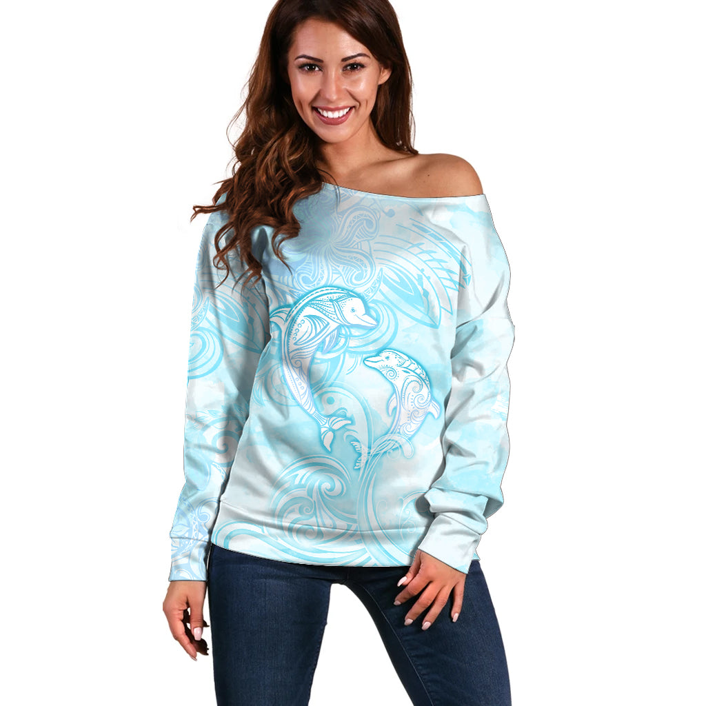 Polynesia Dolphins Under The Sea Off Shoulder Sweater Simple Style LT05 Women Baby Blue - Polynesian Pride