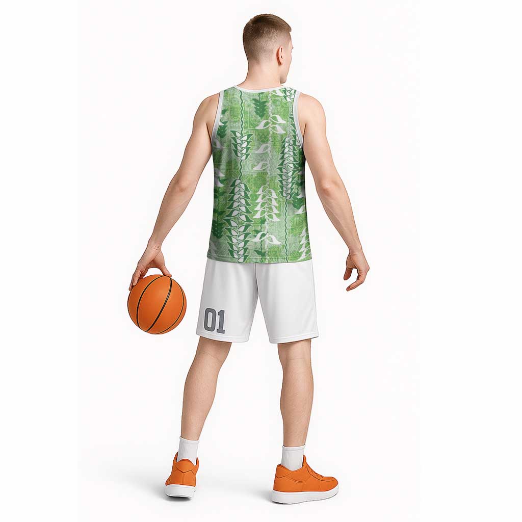 Green Hawaii Tapa Pattern Basketball Jersey With Heliconia Vintage Style LT05 - Polynesian Pride
