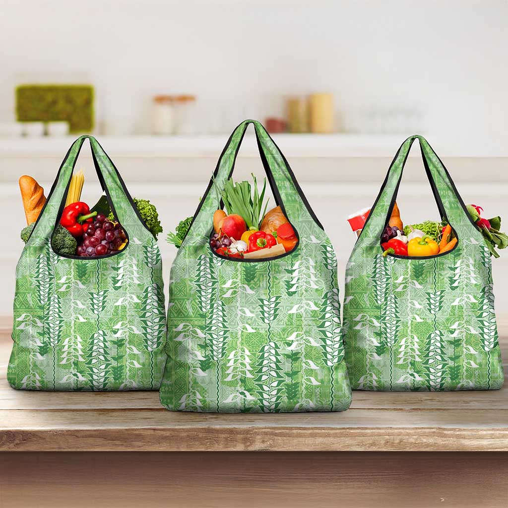 Green Hawaii Tapa Pattern Grocery Bag With Heliconia Vintage Style LT05 3-pack One Size Green - Polynesian Pride