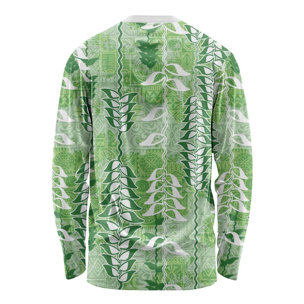 Green Hawaii Tapa Pattern Long Sleeve Shirt With Heliconia Vintage Style LT05 - Polynesian Pride