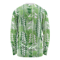 Green Hawaii Tapa Pattern Long Sleeve Shirt With Heliconia Vintage Style LT05 - Polynesian Pride