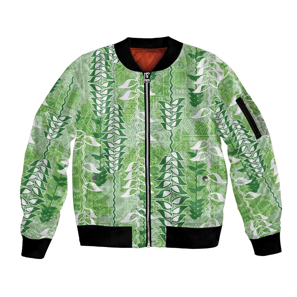 Green Hawaii Tapa Pattern Sleeve Zip Bomber Jacket With Heliconia Vintage Style LT05 Unisex Green - Polynesian Pride