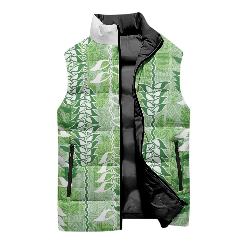 Green Hawaii Tapa Pattern Sleeveless Puffer Jacket With Heliconia Vintage Style LT05 - Polynesian Pride