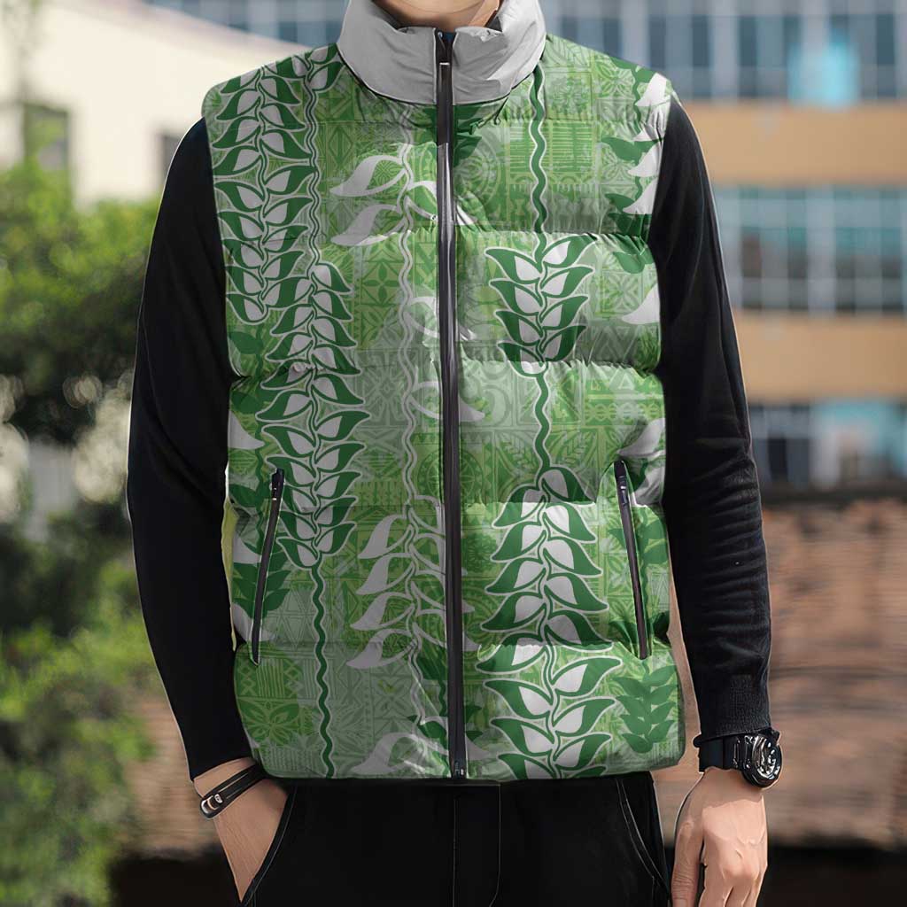 Green Hawaii Tapa Pattern Sleeveless Puffer Jacket With Heliconia Vintage Style LT05 - Polynesian Pride