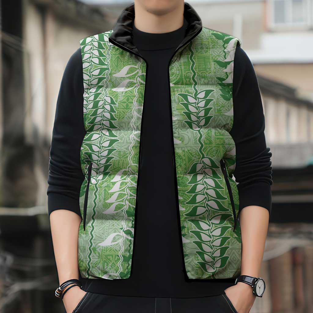 Green Hawaii Tapa Pattern Sleeveless Puffer Jacket With Heliconia Vintage Style LT05 - Polynesian Pride