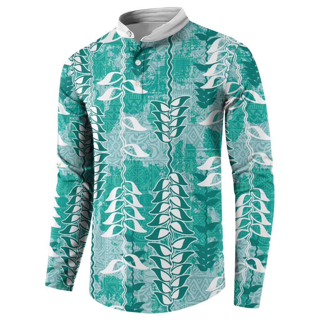 Teal Hawaii Tapa Pattern Button Sweatshirt With Heliconia Vintage Style LT05 - Polynesian Pride