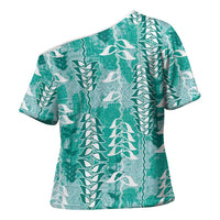 Teal Hawaii Tapa Pattern Cross Shoulder Shirt With Heliconia Vintage Style LT05 - Polynesian Pride