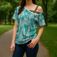 Teal Hawaii Tapa Pattern Cross Shoulder Shirt With Heliconia Vintage Style LT05 - Polynesian Pride