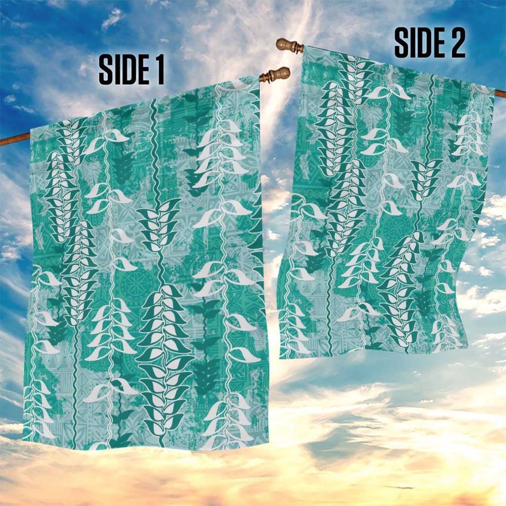 Teal Hawaii Tapa Pattern Garden Flag With Heliconia Vintage Style LT05 - Polynesian Pride