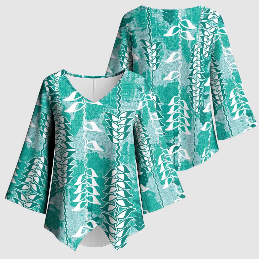 Teal Hawaii Tapa Pattern Kimono Sleeve Blouse With Heliconia Vintage Style LT05 - Polynesian Pride