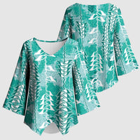 Teal Hawaii Tapa Pattern Kimono Sleeve Blouse With Heliconia Vintage Style LT05 - Polynesian Pride