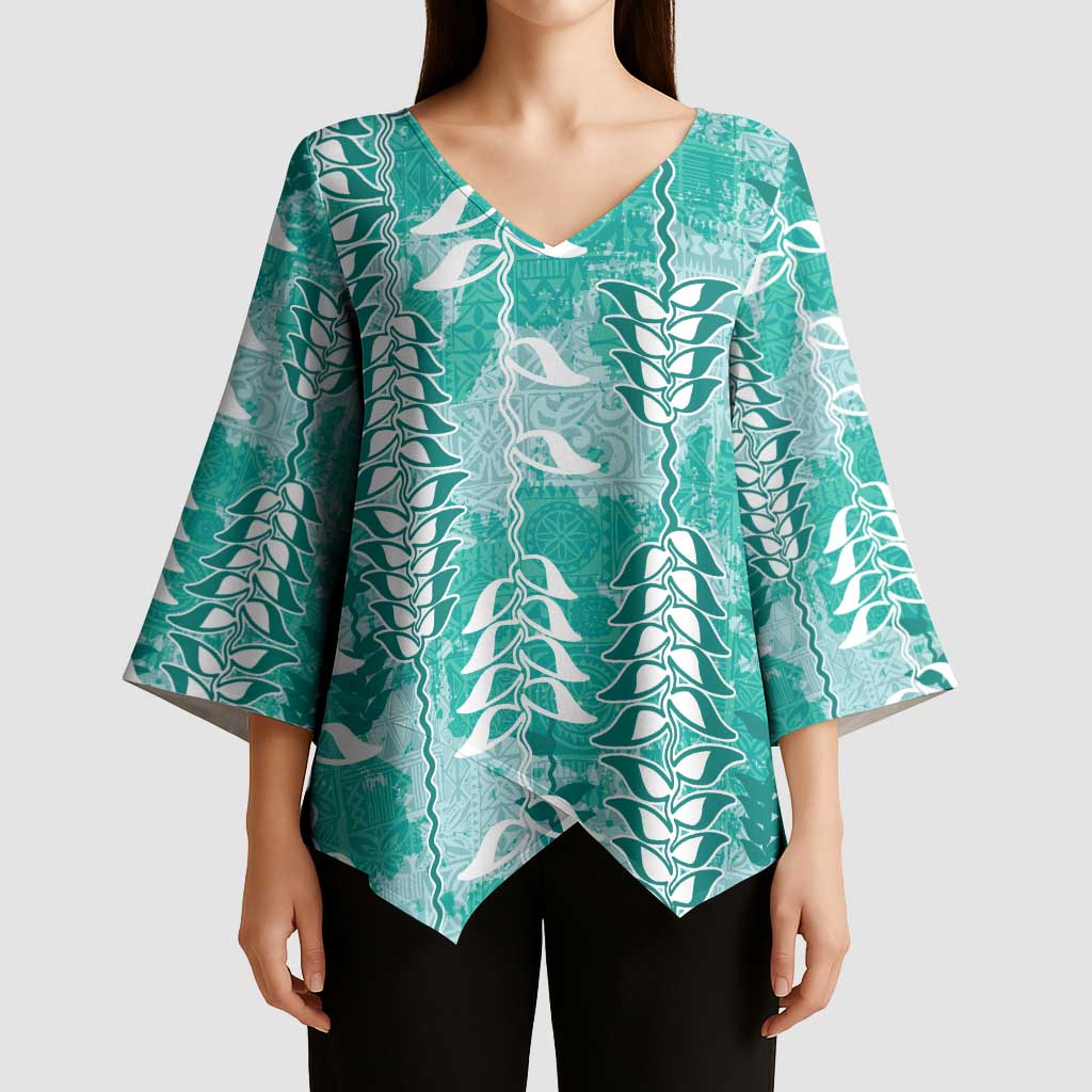 Teal Hawaii Tapa Pattern Kimono Sleeve Blouse With Heliconia Vintage Style LT05 - Polynesian Pride