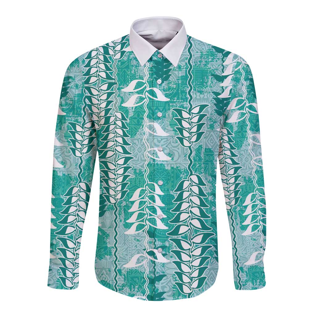 Teal Hawaii Tapa Pattern Long Sleeve Button Shirt With Heliconia Vintage Style LT05 Unisex Teal - Polynesian Pride