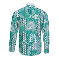 Teal Hawaii Tapa Pattern Long Sleeve Button Shirt With Heliconia Vintage Style LT05 - Polynesian Pride