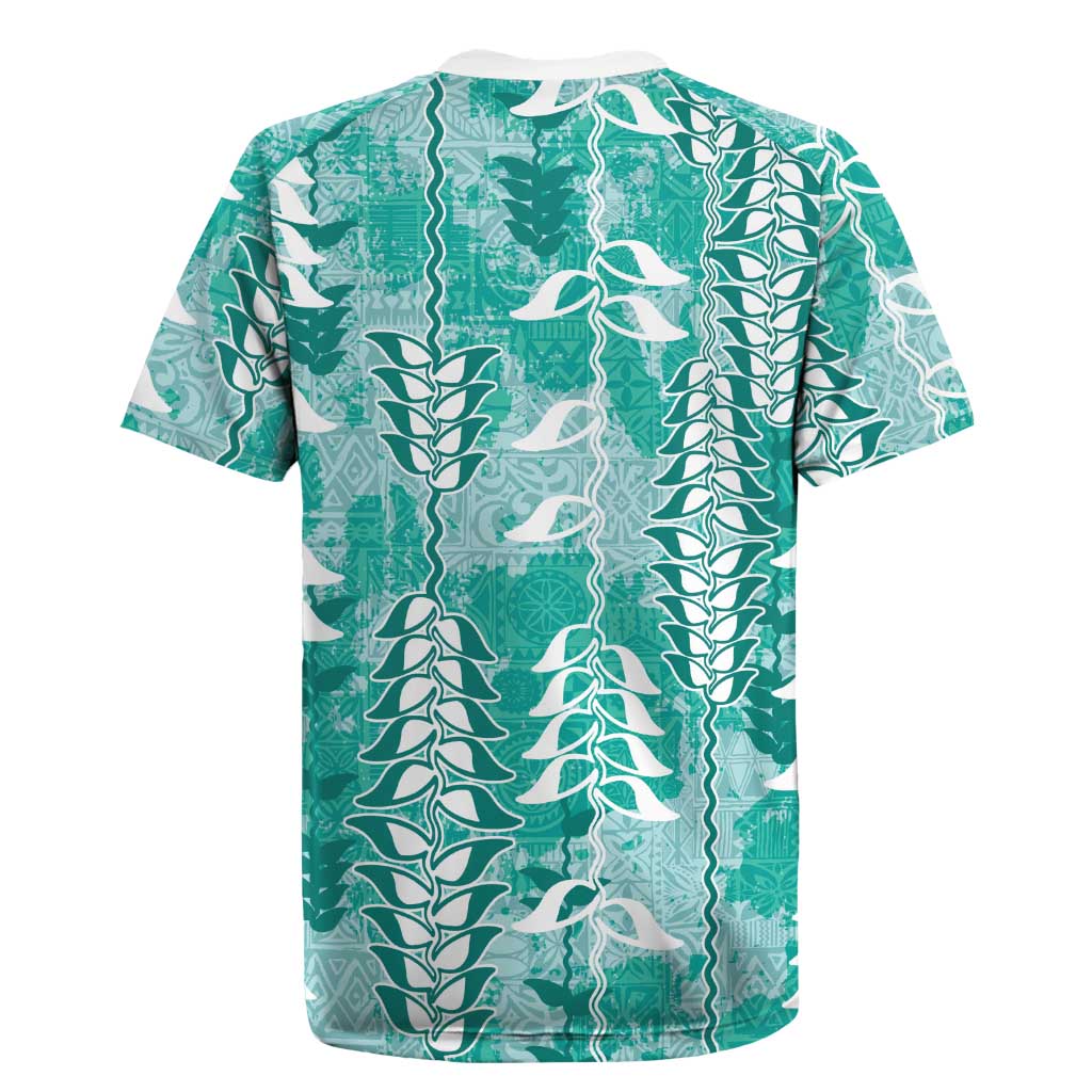 Teal Hawaii Tapa Pattern Rugby Jersey With Heliconia Vintage Style LT05 - Polynesian Pride