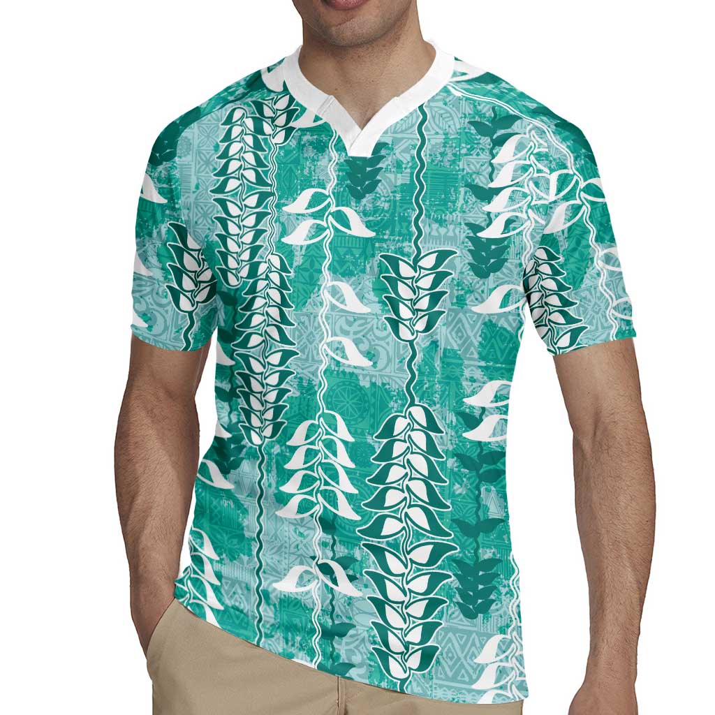 Teal Hawaii Tapa Pattern Rugby Jersey With Heliconia Vintage Style LT05 - Polynesian Pride