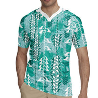 Teal Hawaii Tapa Pattern Rugby Jersey With Heliconia Vintage Style LT05 - Polynesian Pride