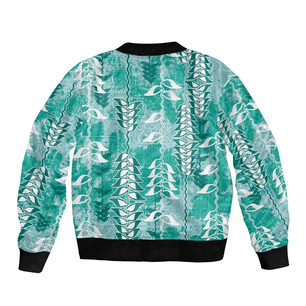 Teal Hawaii Tapa Pattern Sleeve Zip Bomber Jacket With Heliconia Vintage Style LT05 - Polynesian Pride
