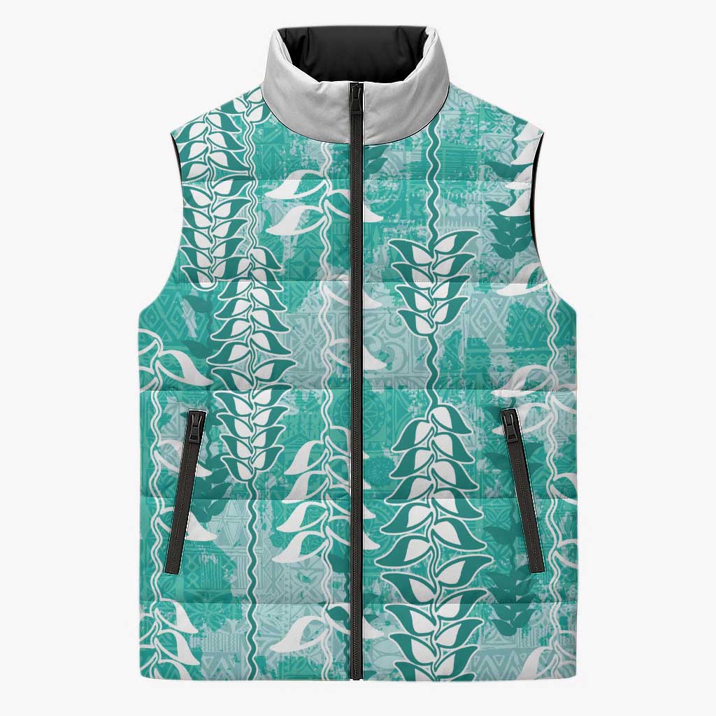 Teal Hawaii Tapa Pattern Sleeveless Puffer Jacket With Heliconia Vintage Style LT05 Unisex Teal - Polynesian Pride
