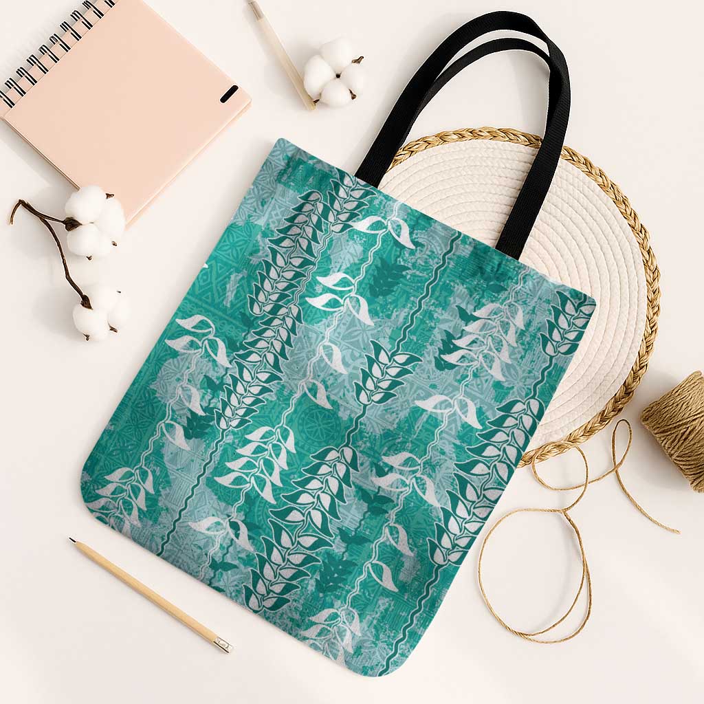 Teal Hawaii Tapa Pattern Tote Bag With Heliconia Vintage Style LT05 Black Strap One Size Teal - Polynesian Pride