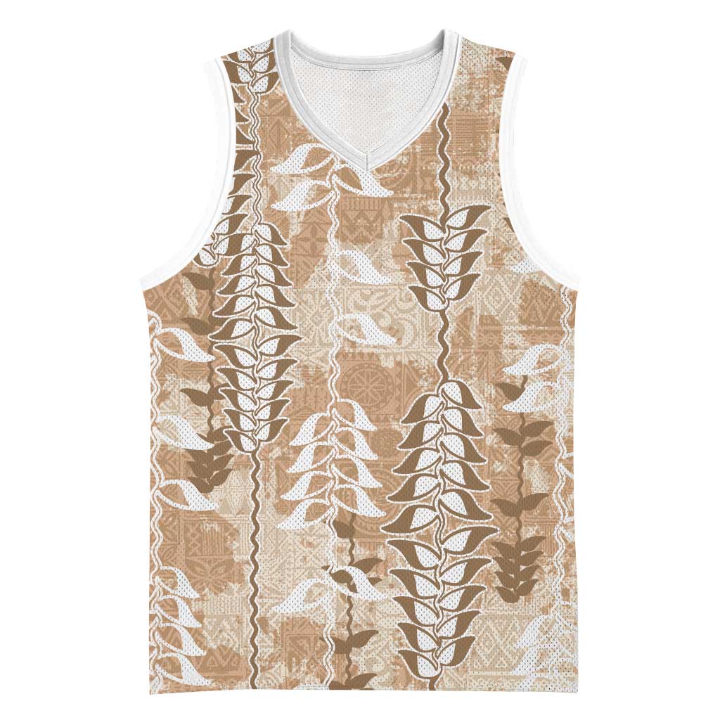 Beige Hawaii Tapa Pattern Basketball Jersey With Heliconia Vintage Style LT05 Unisex Beige - Polynesian Pride