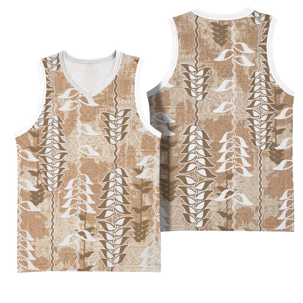 Beige Hawaii Tapa Pattern Basketball Jersey With Heliconia Vintage Style LT05 - Polynesian Pride