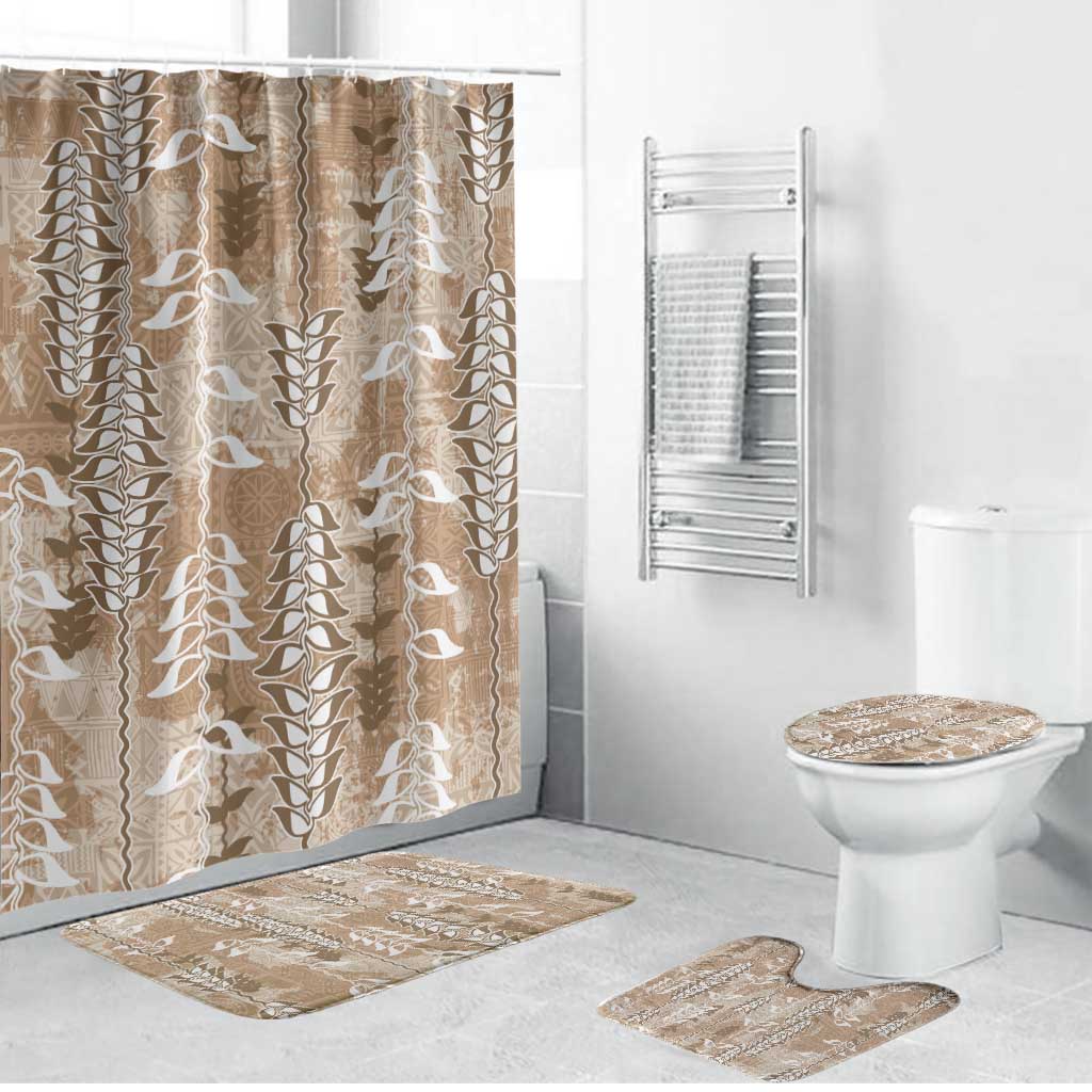 Beige Hawaii Tapa Pattern Bathroom Set With Heliconia Vintage Style LT05 Bathroom Set (4 pcs) Beige - Polynesian Pride