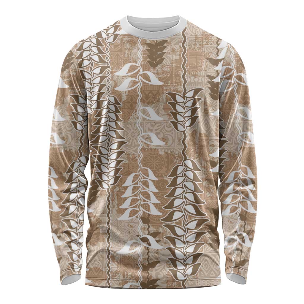 Beige Hawaii Tapa Pattern Long Sleeve Shirt With Heliconia Vintage Style LT05 Unisex Beige - Polynesian Pride