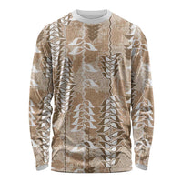Beige Hawaii Tapa Pattern Long Sleeve Shirt With Heliconia Vintage Style LT05 Unisex Beige - Polynesian Pride
