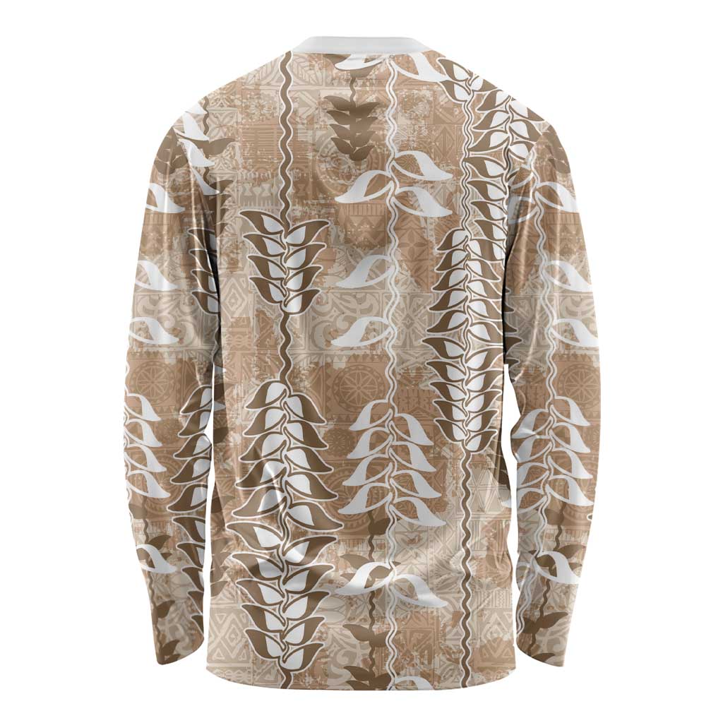 Beige Hawaii Tapa Pattern Long Sleeve Shirt With Heliconia Vintage Style LT05 - Polynesian Pride