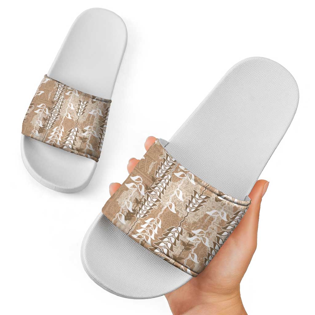 Beige Hawaii Tapa Pattern Slide Sandals With Heliconia Vintage Style LT05 - Polynesian Pride