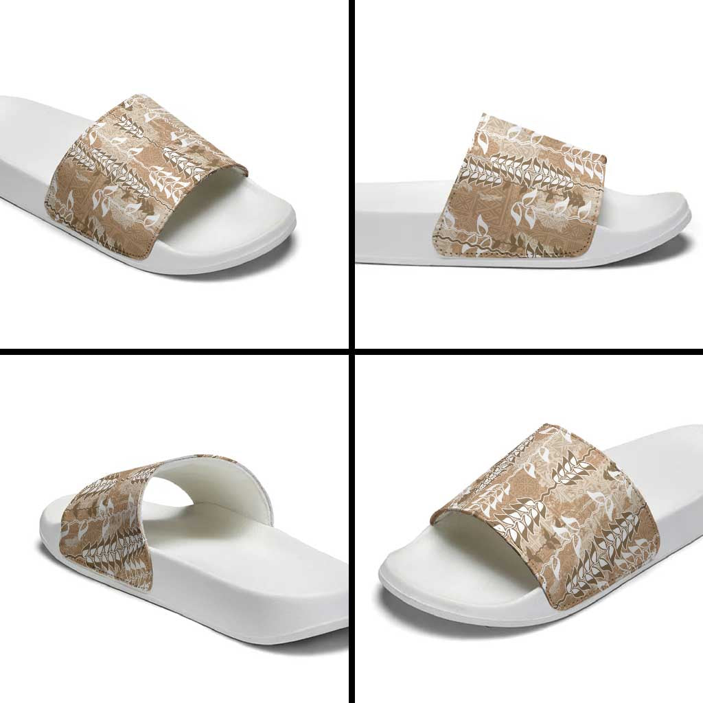 Beige Hawaii Tapa Pattern Slide Sandals With Heliconia Vintage Style LT05 - Polynesian Pride