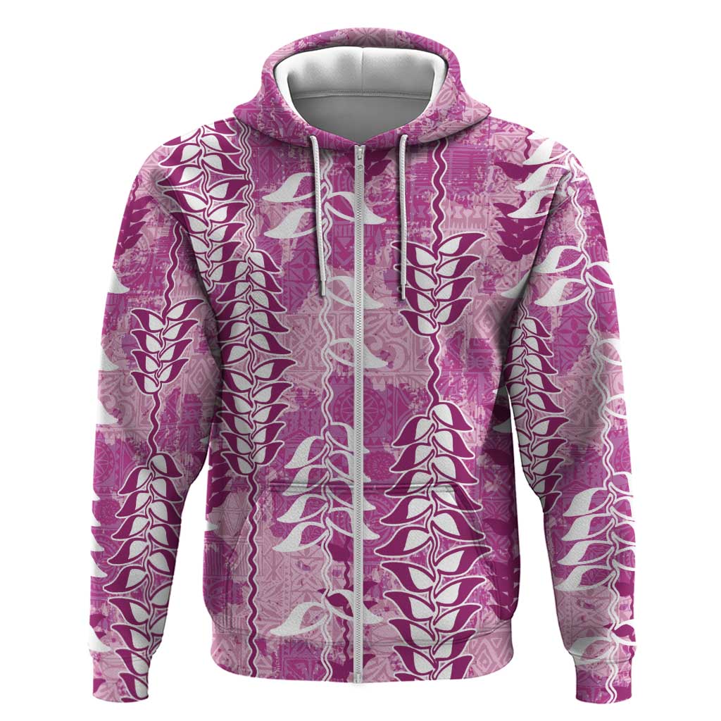 Magenta Hawaii Tapa Pattern Hoodie With Heliconia Vintage Style LT05 Zip Hoodie Magenta - Polynesian Pride