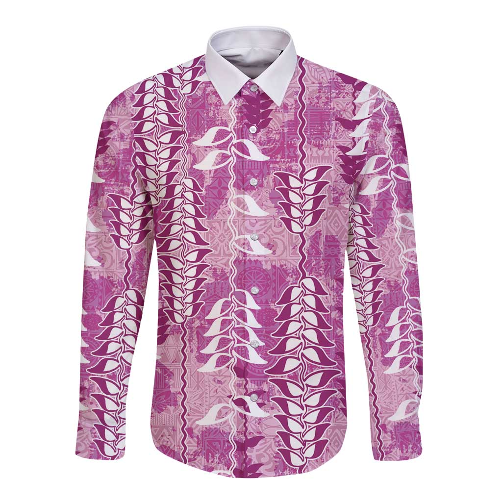 Magenta Hawaii Tapa Pattern Long Sleeve Button Shirt With Heliconia Vintage Style LT05 Unisex Magenta - Polynesian Pride