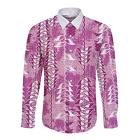 Magenta Hawaii Tapa Pattern Long Sleeve Button Shirt With Heliconia Vintage Style LT05 Unisex Magenta - Polynesian Pride