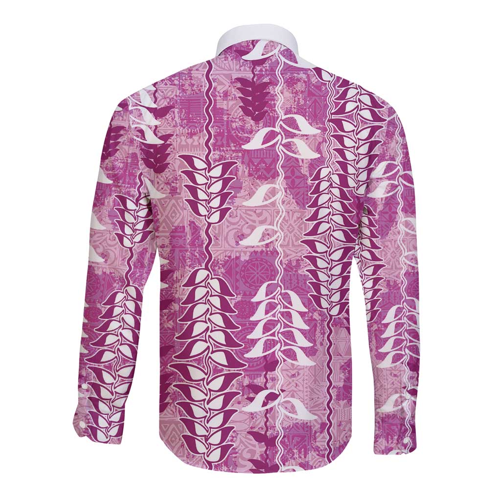 Magenta Hawaii Tapa Pattern Long Sleeve Button Shirt With Heliconia Vintage Style LT05 - Polynesian Pride