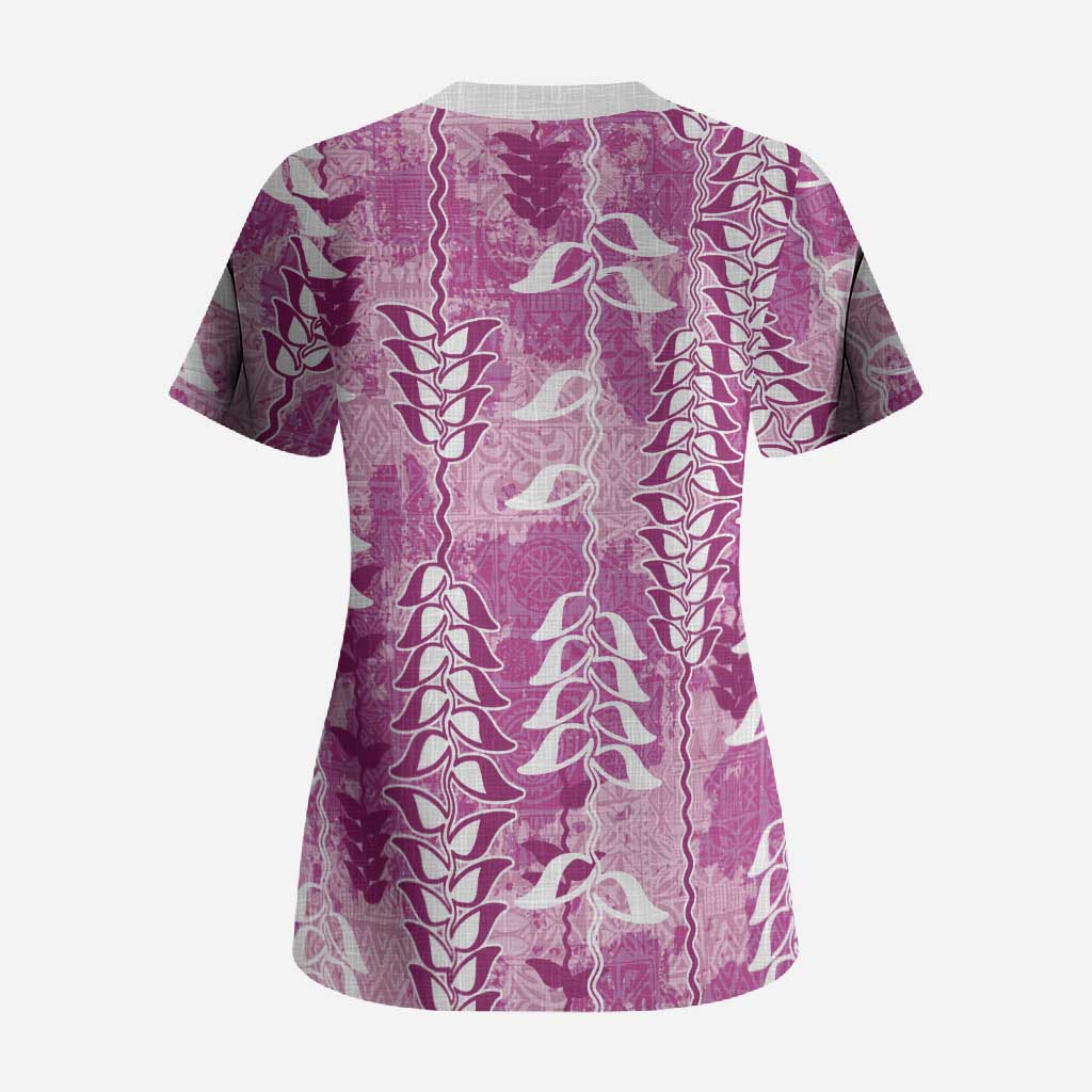 Magenta Hawaii Tapa Pattern Scrub Top With Heliconia Vintage Style LT05 - Polynesian Pride