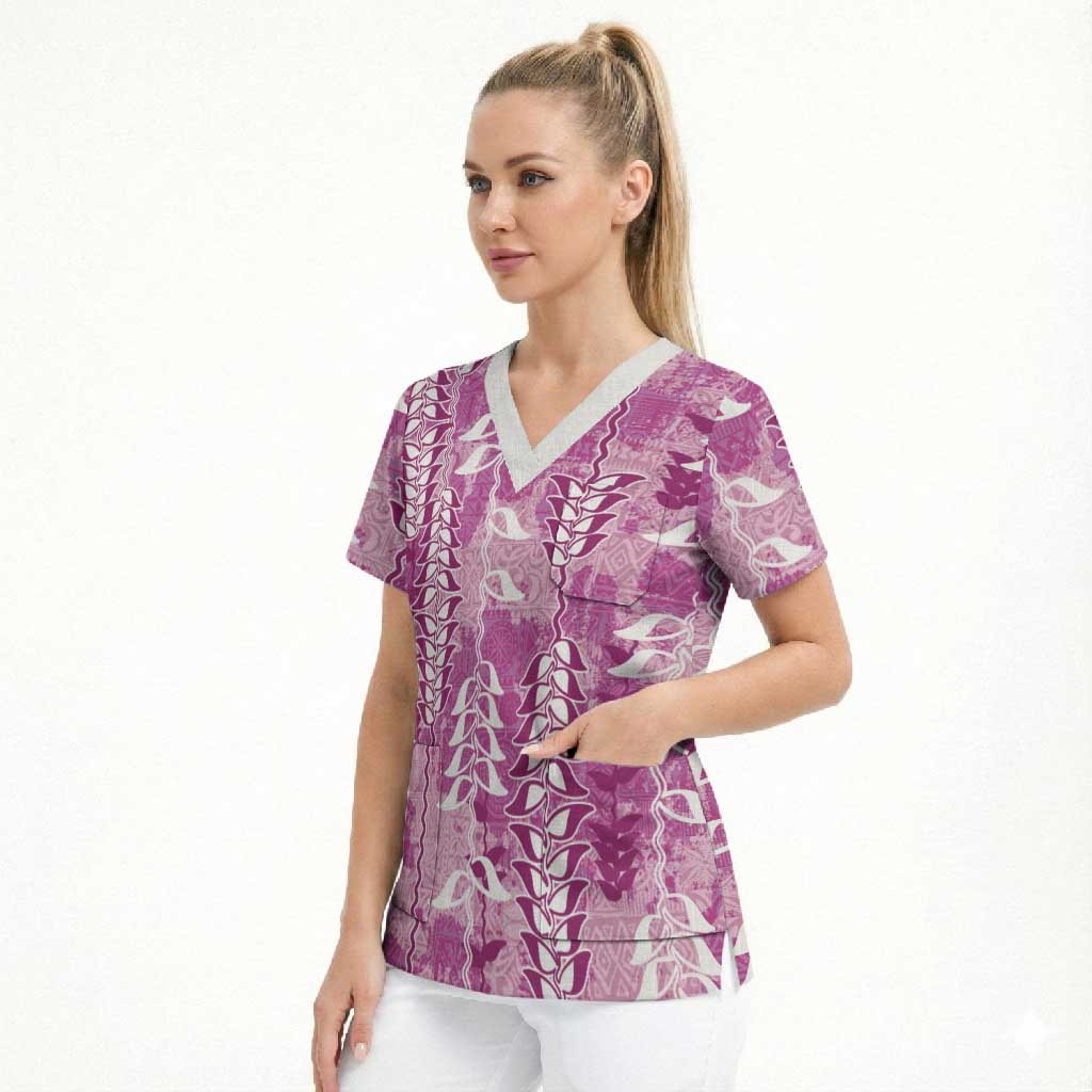 Magenta Hawaii Tapa Pattern Scrub Top With Heliconia Vintage Style LT05 - Polynesian Pride