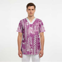 Magenta Hawaii Tapa Pattern Scrub Top With Heliconia Vintage Style LT05 - Polynesian Pride