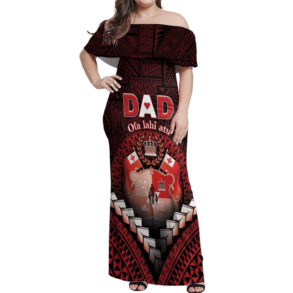 Personalised Tonga Happy Father's Day Off Shoulder Maxi Dress Ofa Lahi Atu Dad Polynesian Tribal LT05 Women Red - Polynesian Pride