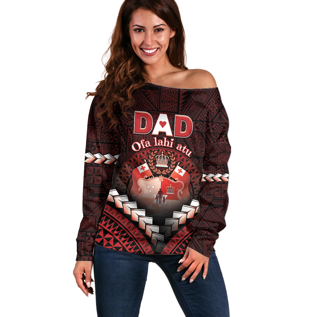 Personalised Tonga Happy Father's Day Off Shoulder Sweater Ofa Lahi Atu Dad Polynesian Tribal LT05 Women Red - Polynesian Pride