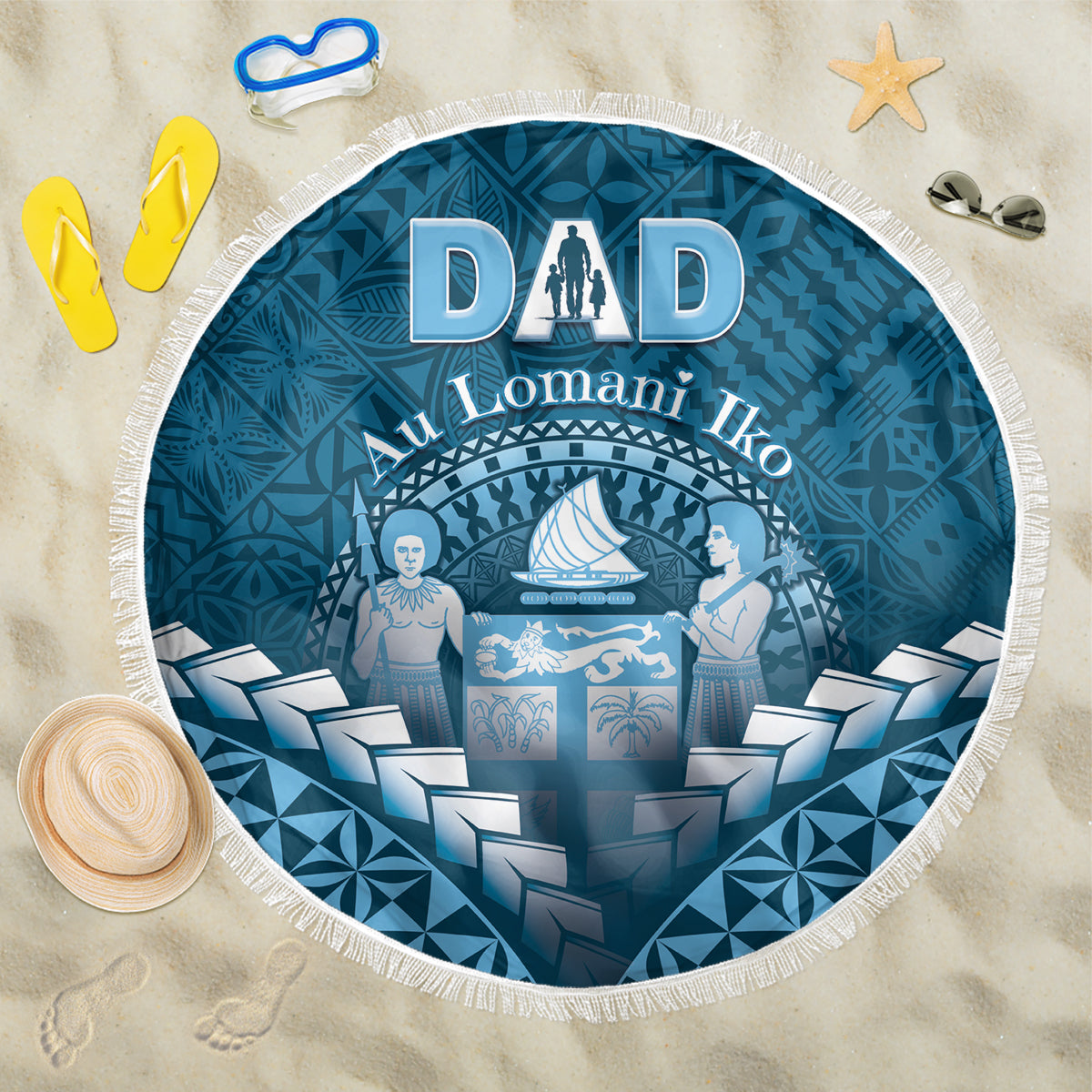 Fiji Happy Father's Day Beach Blanket Au Lomani Iko Dad Polynesian Tribal LT05 One Size 150cm Blue - Polynesian Pride