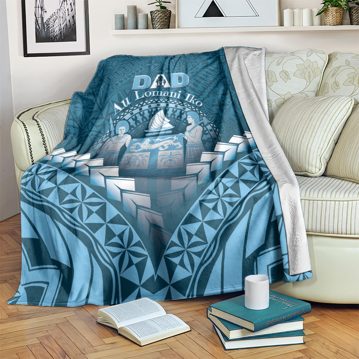Fiji Happy Father's Day Blanket Au Lomani Iko Dad Polynesian Tribal LT05 Blue - Polynesian Pride