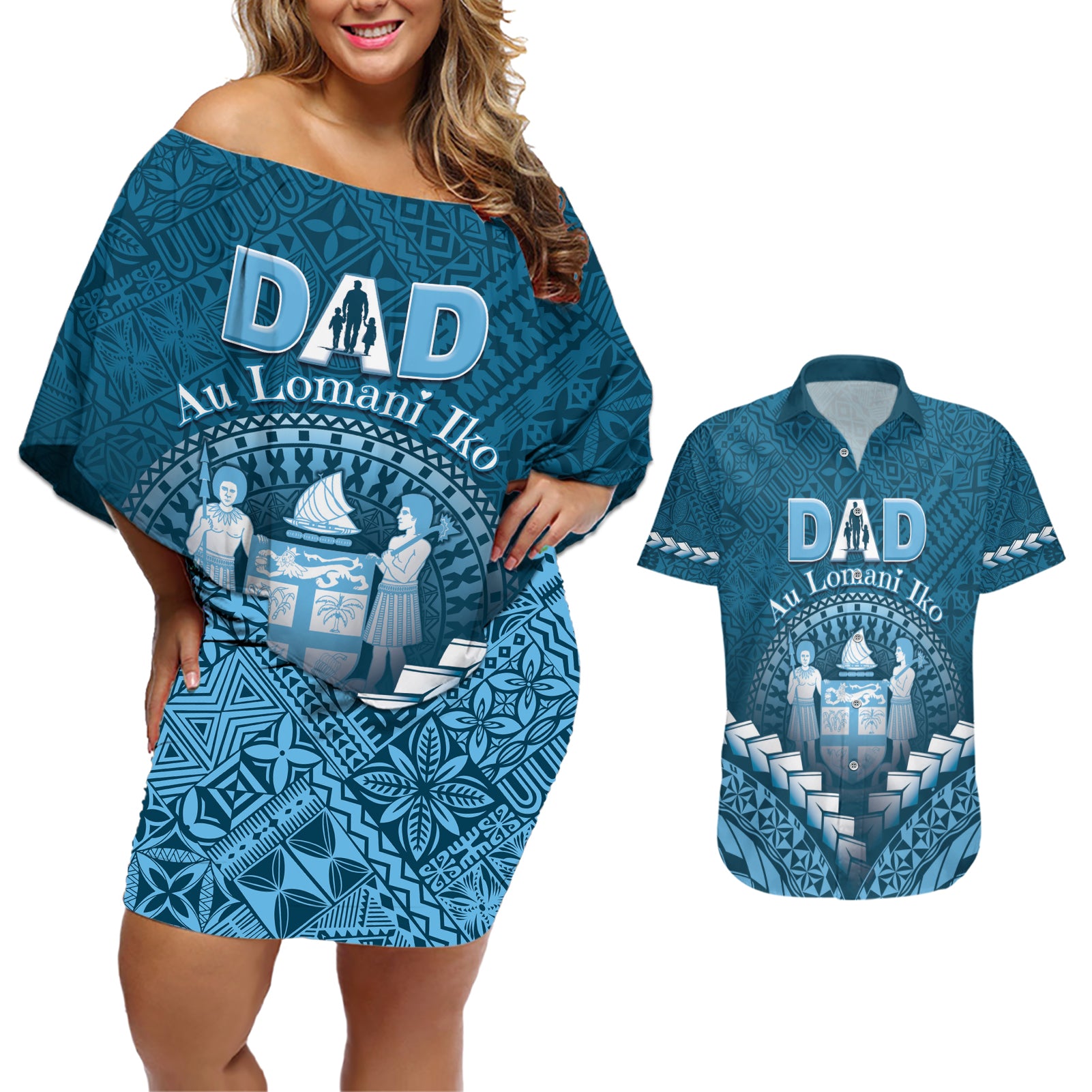 Personalised Fiji Happy Father's Day Couples Matching Off Shoulder Short Dress and Hawaiian Shirt Au Lomani Iko Dad Polynesian Tribal