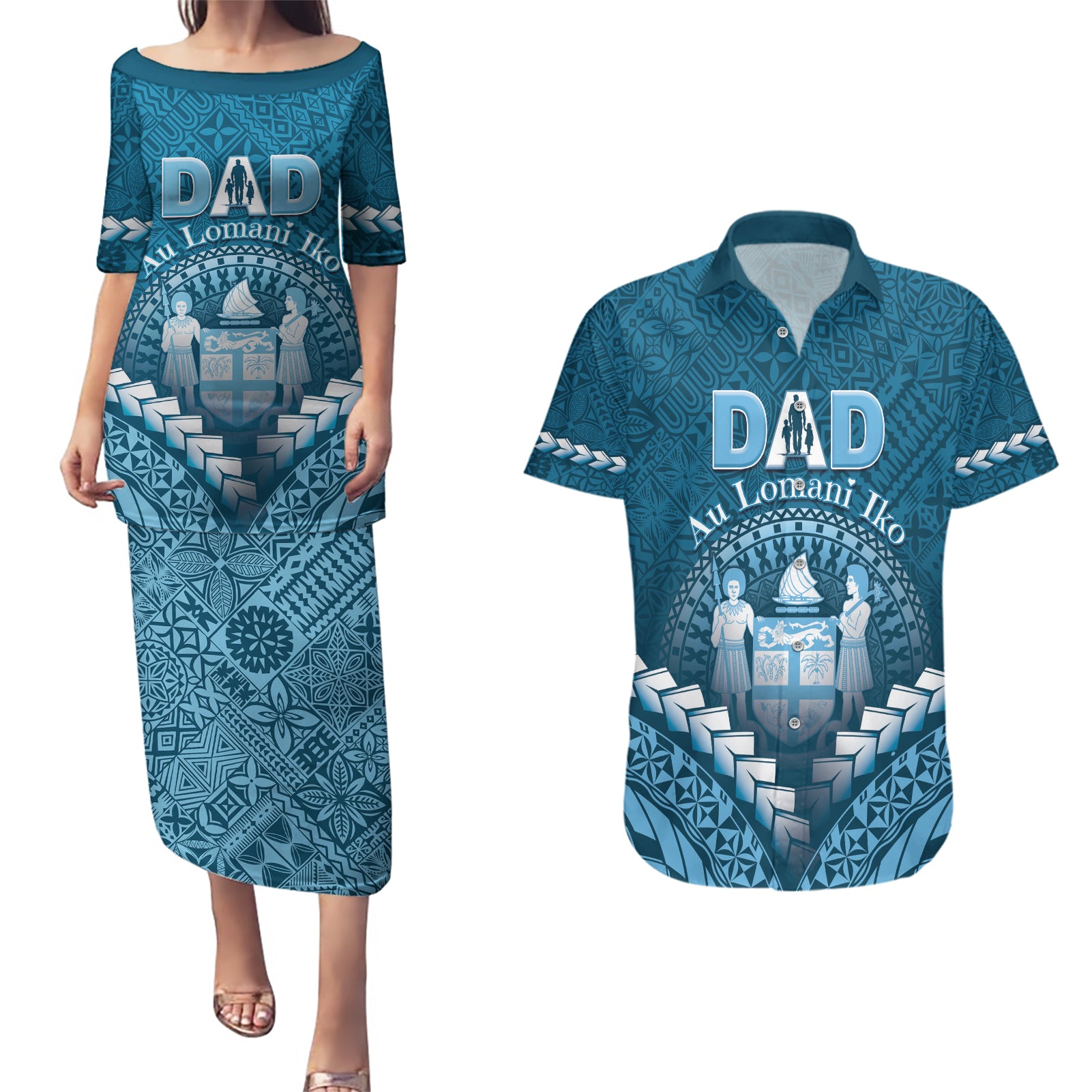 Personalised Fiji Happy Father's Day Couples Matching Puletasi and Hawaiian Shirt Au Lomani Iko Dad Polynesian Tribal