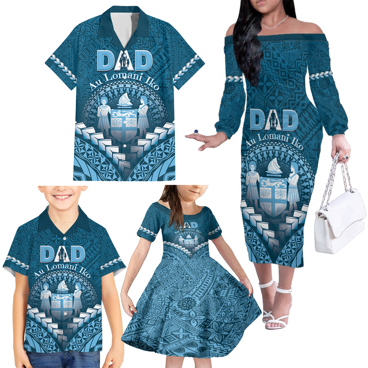 Personalised Fiji Happy Father's Day Family Matching Off The Shoulder Long Sleeve Dress and Hawaiian Shirt Au Lomani Iko Dad Polynesian Tribal